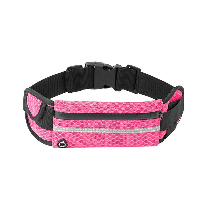 Pink running belt with adjustable black strap and zippered pocket for outdoor fitness