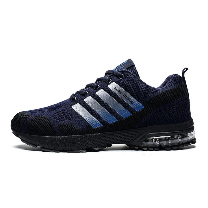 Men's navy blue running shoe with silver stripes and air cushion sole, breathable mesh design