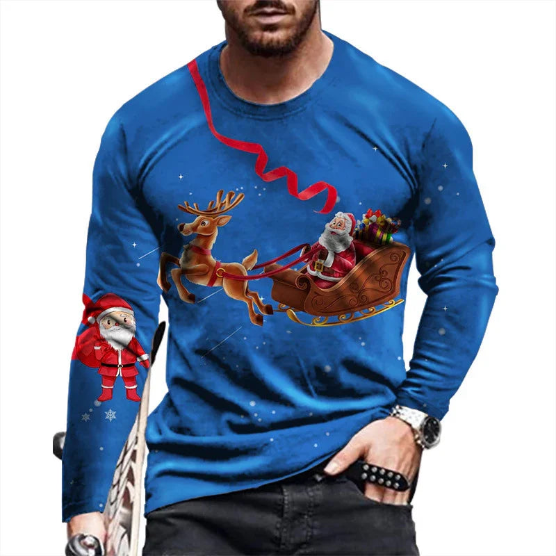 Blue Christmas sweatshirt featuring Santa in sleigh with reindeer and Santa figure on sleeve