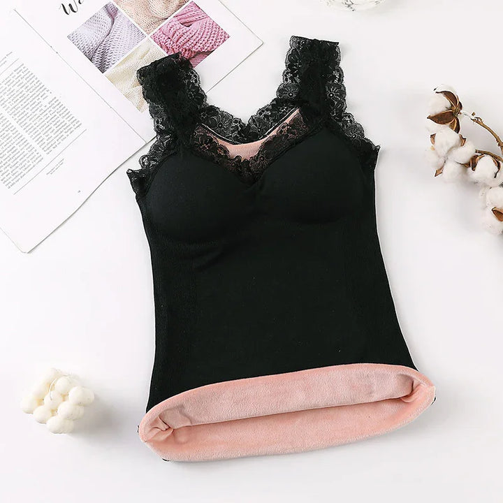 Black lace trim sleeveless thermal top with soft pink fleece lining on white background