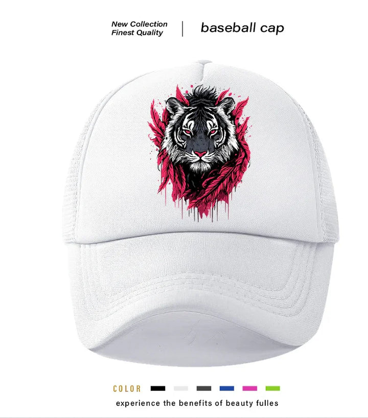 White baseball cap with black and red tiger face graphic surrounded by red feathers