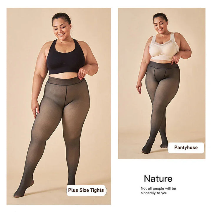 Plus size woman modeling sheer black pantyhose and plus size tights in beige and black tops