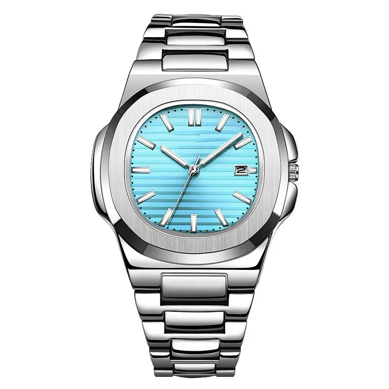 Silver stainless steel wristwatch with a blue textured dial and date display