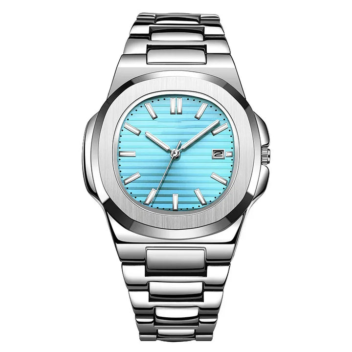 Silver stainless steel wristwatch with a blue textured dial and date display