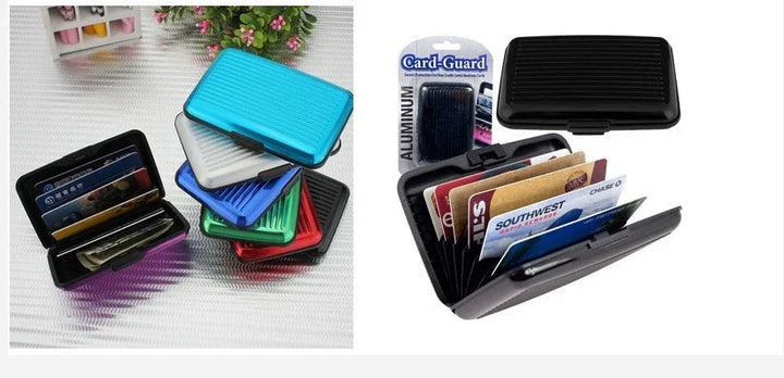 Colorful aluminum card holder wallets with multiple card slots, compact and portable design