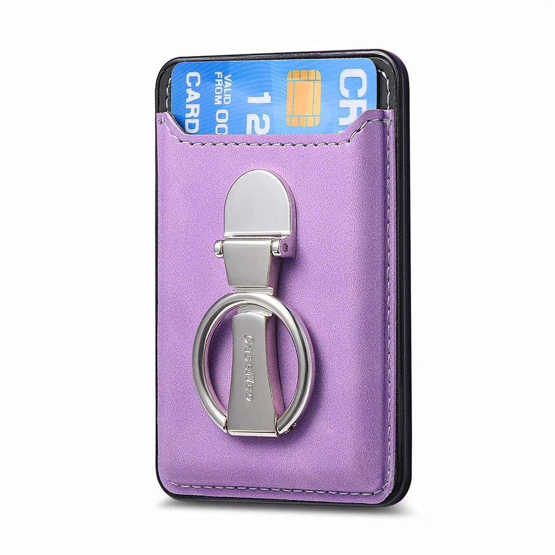 Purple leather slim card holder with silver ring phone grip and blue credit card