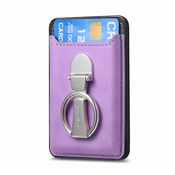 Purple leather slim card holder with silver ring phone grip and blue credit card