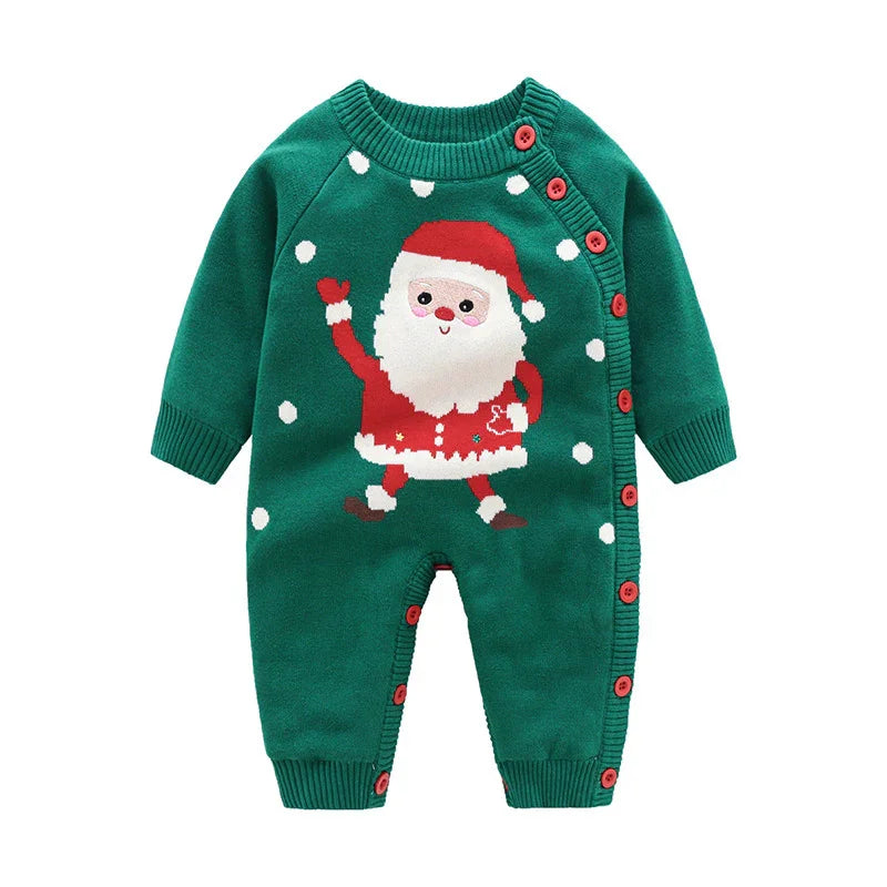 Green baby romper with red buttons featuring a cute Santa Claus knit and white snowflake dots