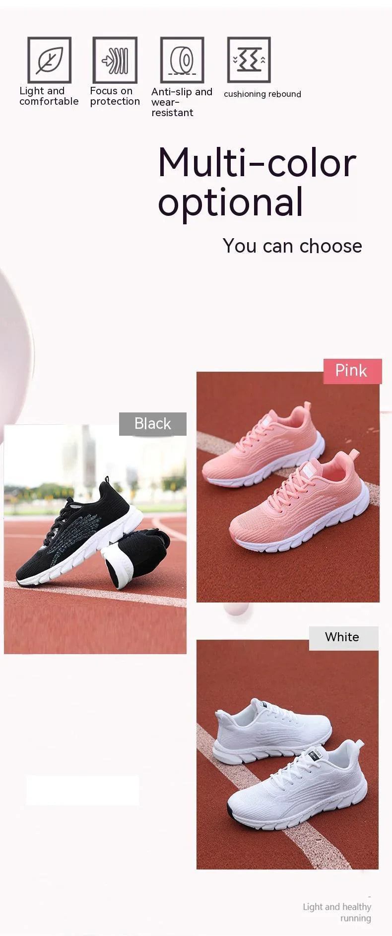Lightweight running shoes in black, pink, and white colors with cushioning and anti-slip soles