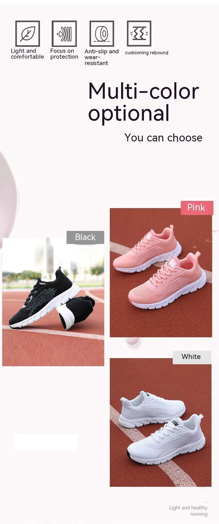 Lightweight running shoes in black, pink, and white colors with cushioning and anti-slip soles