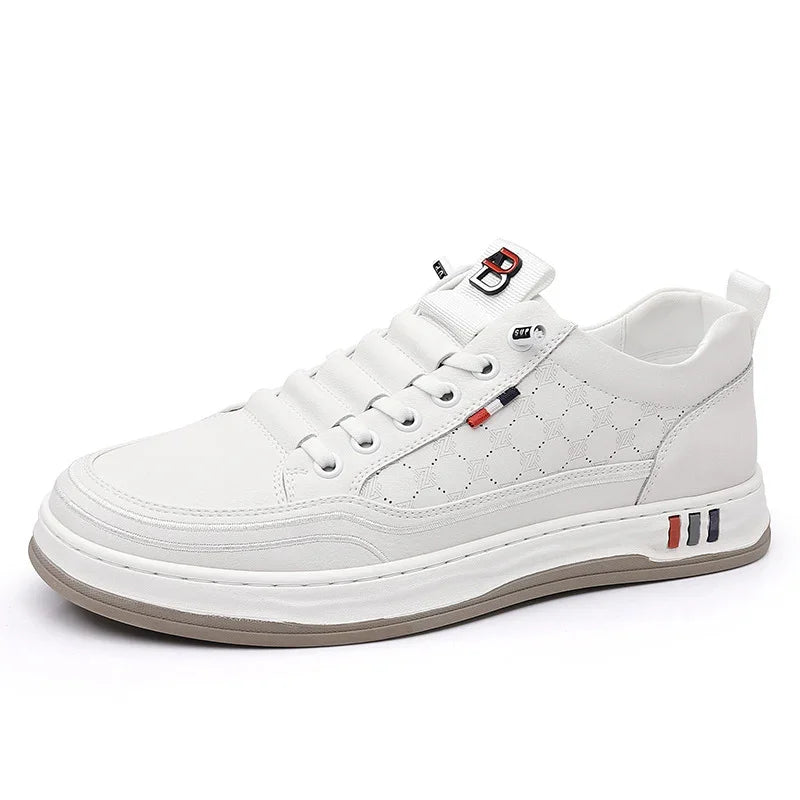 white leather sneaker with quilted side pattern, branded tongue, and multicolor sole accents