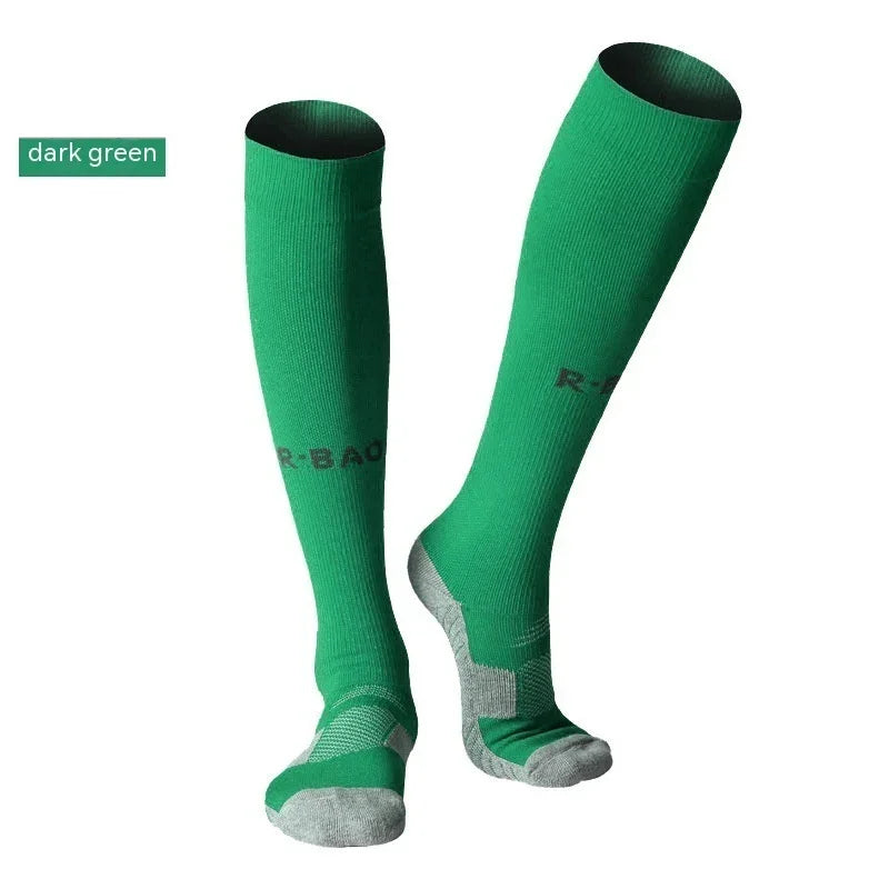 Dark green knee-high athletic socks with gray accents and R-BAO branding on white background