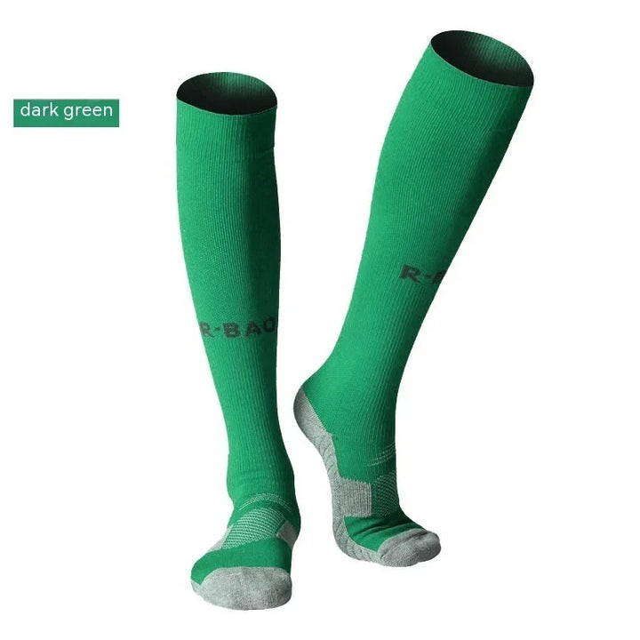 Dark green knee-high athletic socks with gray accents and R-BAO branding on white background