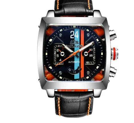 Square automatic wristwatch with black dial, orange and blue racing stripes, and black leather strap