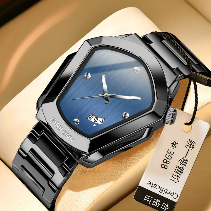 Black metal wristwatch with blue dial, date display, and BINBOND branding on beige background
