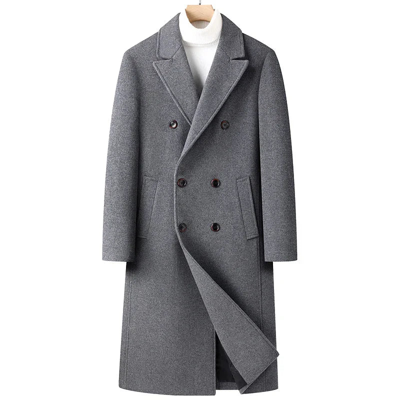 Gray double-breasted wool coat with notch lapels and side pockets on a wooden hanger
