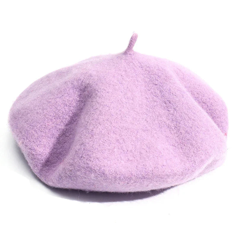 Soft lavender wool beret hat with classic shape and stalk on top