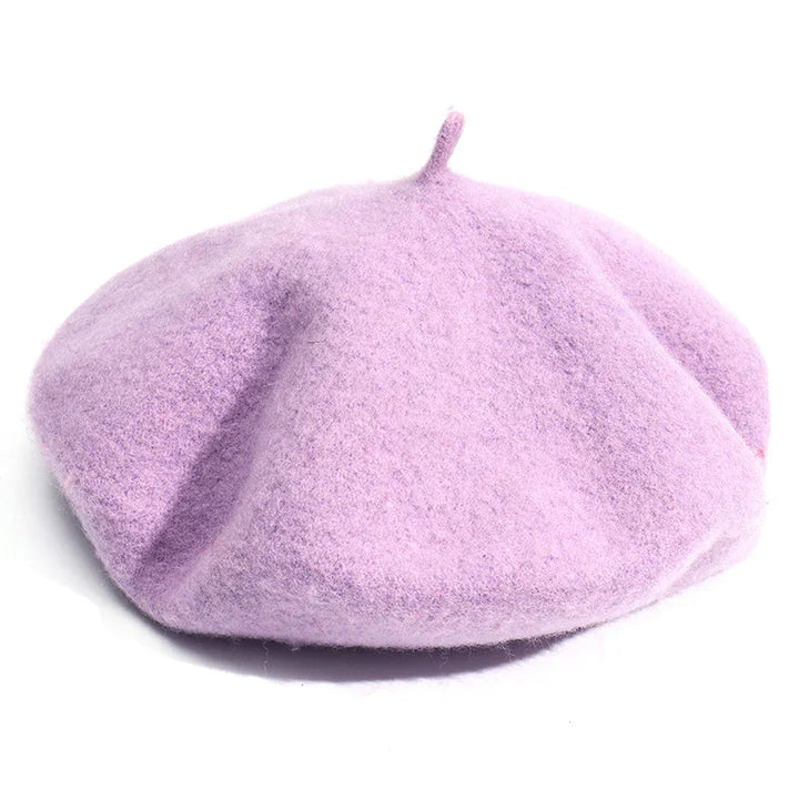 Soft lavender wool beret hat with classic shape and stalk on top