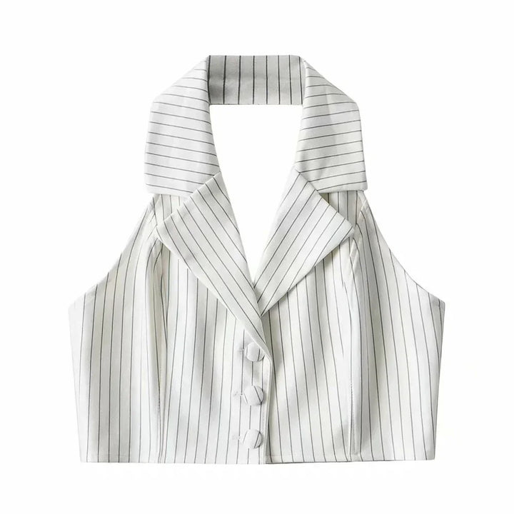 White pinstripe sleeveless blazer crop top with lapels and buttons