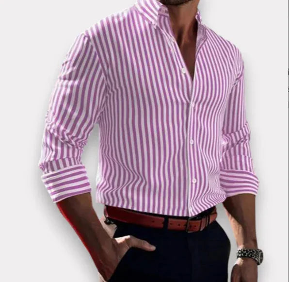 Man wearing purple and white vertical striped dress shirt with black pants and brown belt