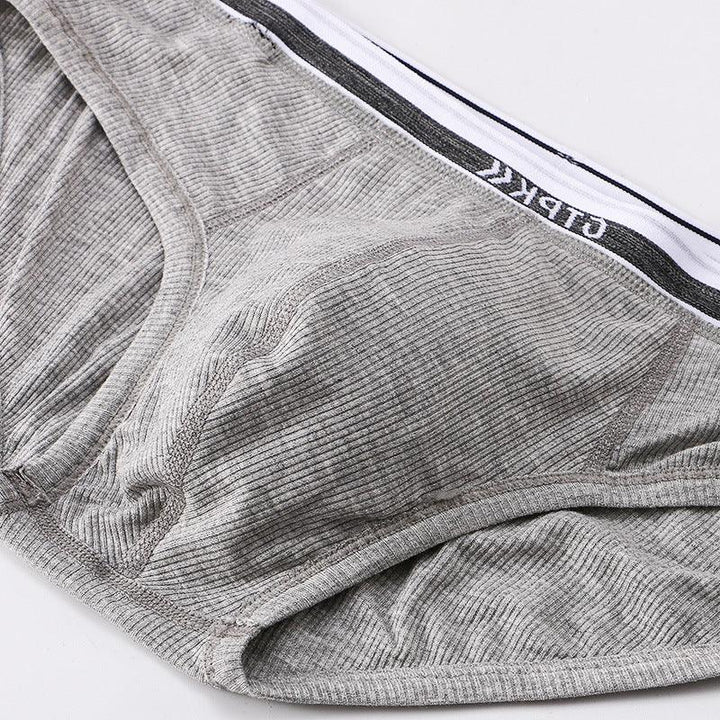 Close-up of grey ribbed men's briefs with branded elastic waistband on white background