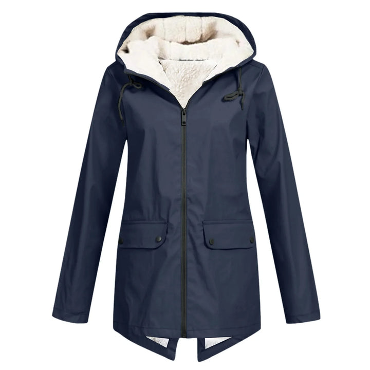 Navy blue women's waterproof hooded jacket with white fleece lining and front pockets