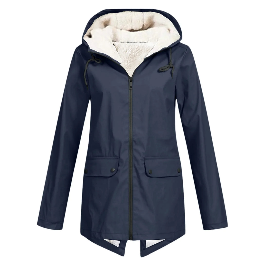 navy blue women's winter jacket with fleece lining, hood, front zipper, and flap pockets