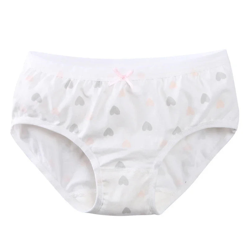 White women's cotton panties with gray and pink heart prints and small pink bow