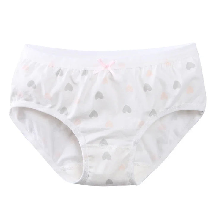 White women's cotton panties with gray and pink heart prints and small pink bow