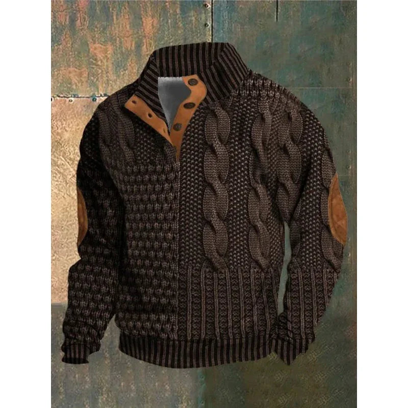 Dark brown cable knit sweater with leather elbow patches and buttoned collar on textured background