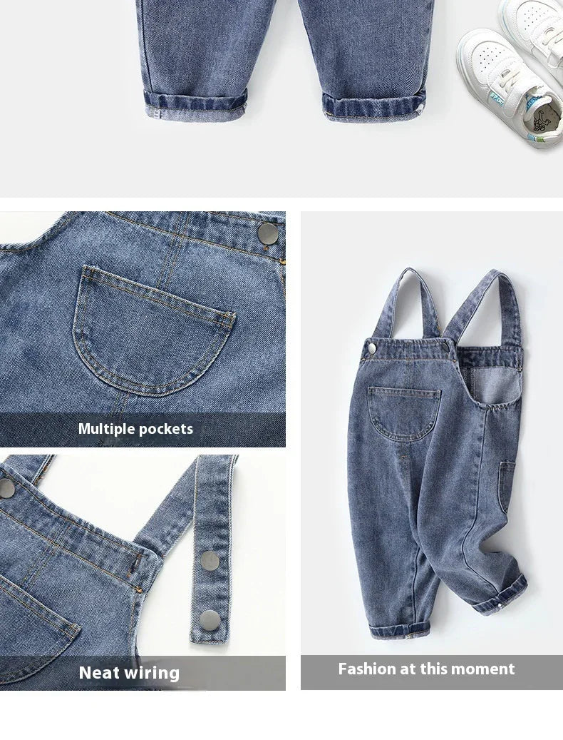 Blue denim toddler overalls with multiple pockets and adjustable straps, paired with white baby sneakers