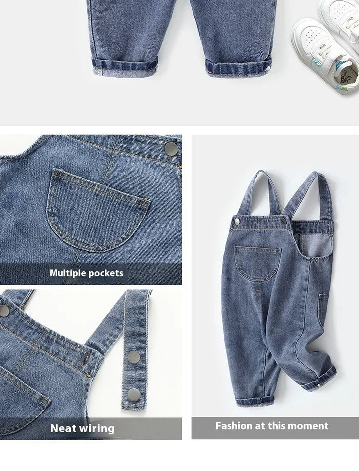 Blue denim toddler overalls with multiple pockets and adjustable straps, paired with white baby sneakers