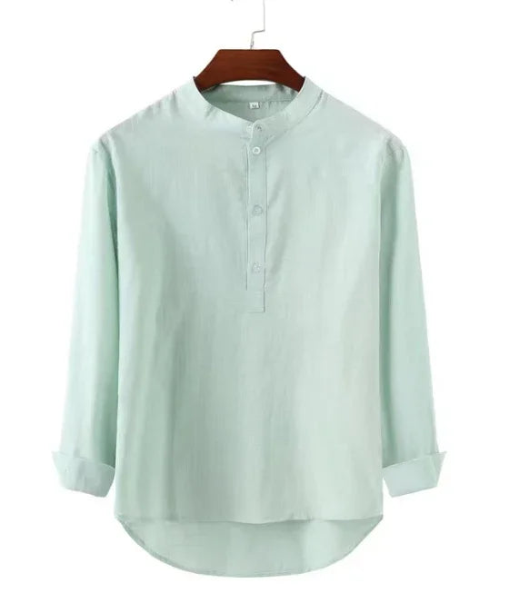 Light green casual long sleeve henley shirt with mandarin collar on wooden hanger