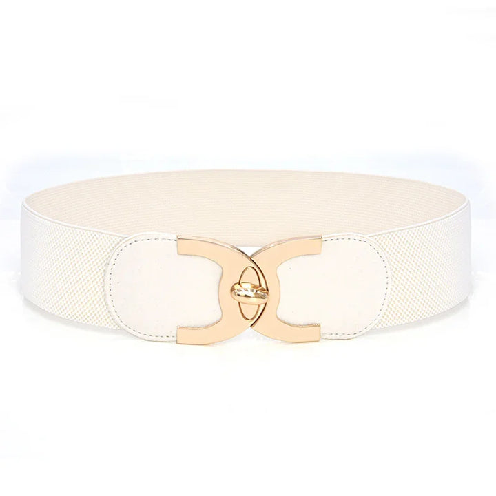 White elastic waist belt with textured fabric and gold-tone interlocking buckle