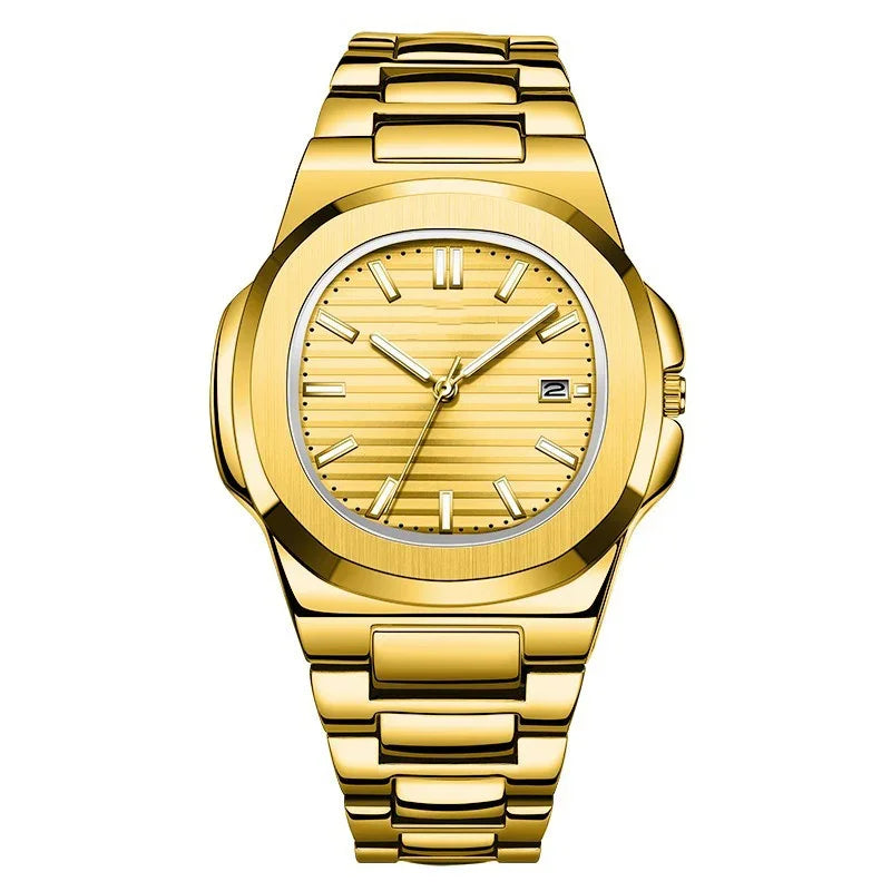 Gold luxury wristwatch with striped dial, date window, and linked metal bracelet