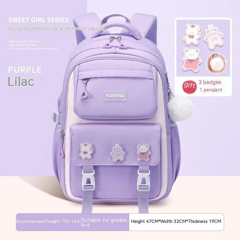 Lilac purple Karissa backpack for girls with bear badges and white pompom pendant, suitable for school