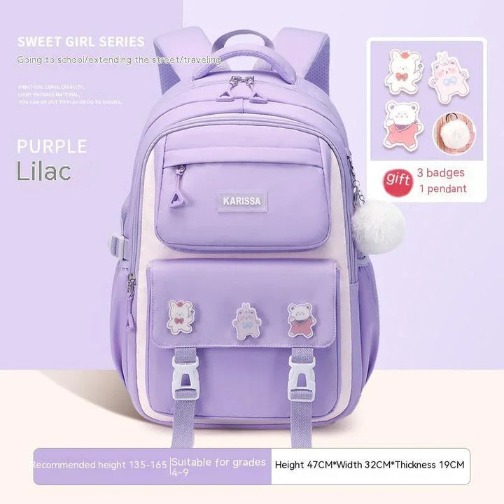 Lilac purple Karissa backpack for girls with bear badges and white pompom pendant, suitable for school