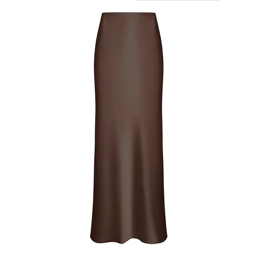 Sleek brown satin slip skirt with a smooth, flowing silhouette on white background