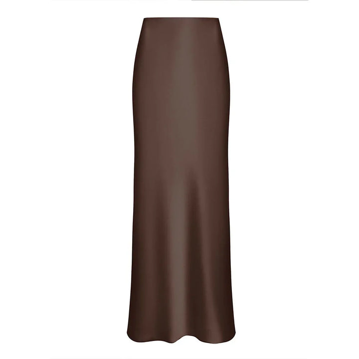 Sleek brown satin slip skirt with a smooth, flowing silhouette on white background