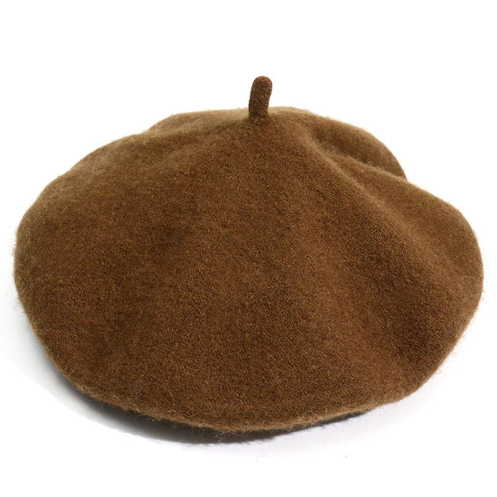 Brown wool felt beret hat with classic soft rounded shape and small central stem