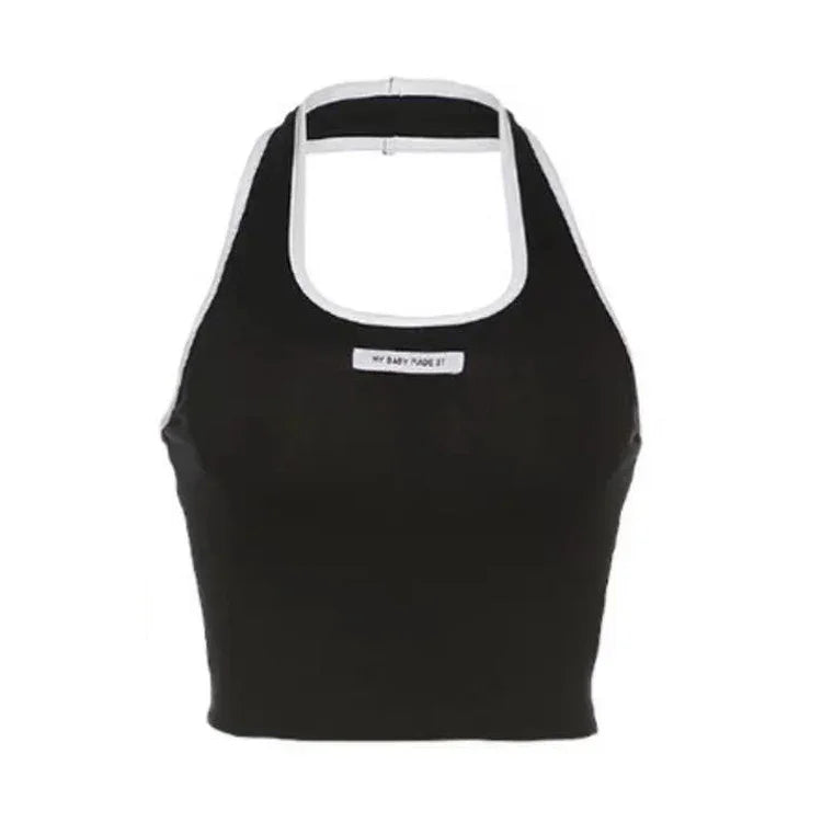 Black crop halter top with white trim and small front label on white background