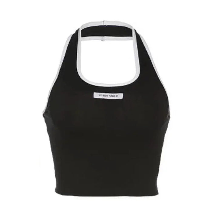 Black crop halter top with white trim and small front label on white background