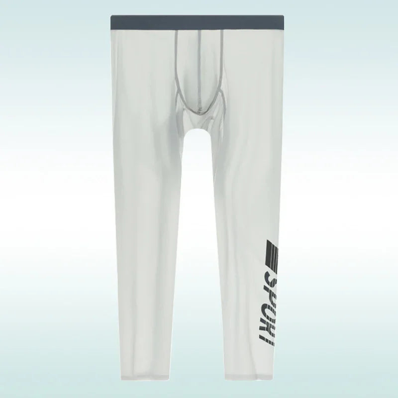 White compression leggings with black waistband and bold black SPORT text on lower leg