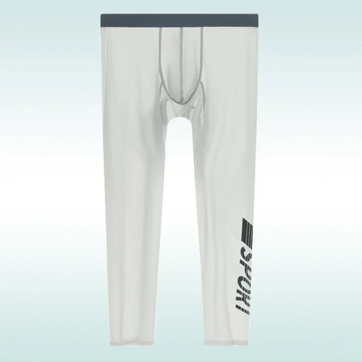 White compression leggings with black waistband and bold black SPORT text on lower leg