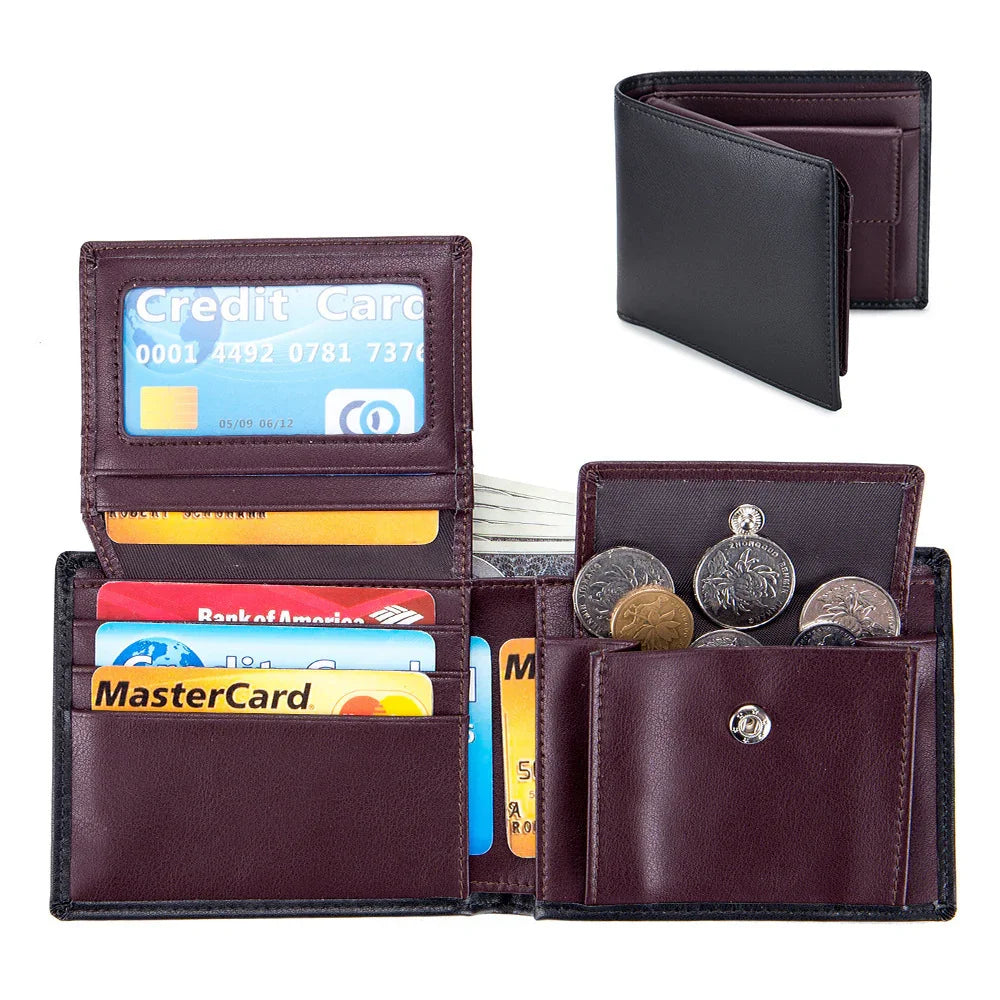 Black and brown leather wallet with multiple card slots and a coin pocket filled with coins