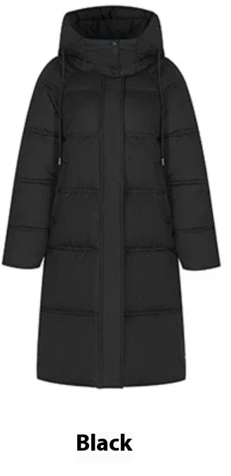 Black long puffer coat with hood and front drawstrings, insulated winter jacket