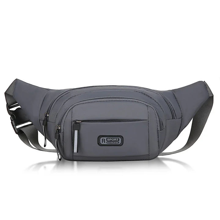 Gray R Sport fashion sports waist bag with multiple zippered compartments and adjustable strap