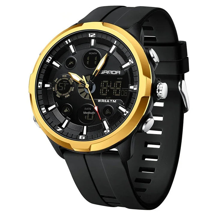 Black and gold analog-digital wristwatch with black rubber strap and multiple subdials