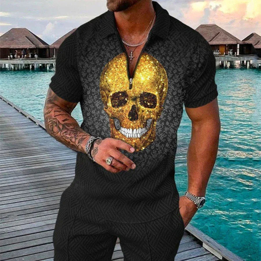 Man wearing black shirt with gold glitter skull design, standing on wooden pier by turquoise water