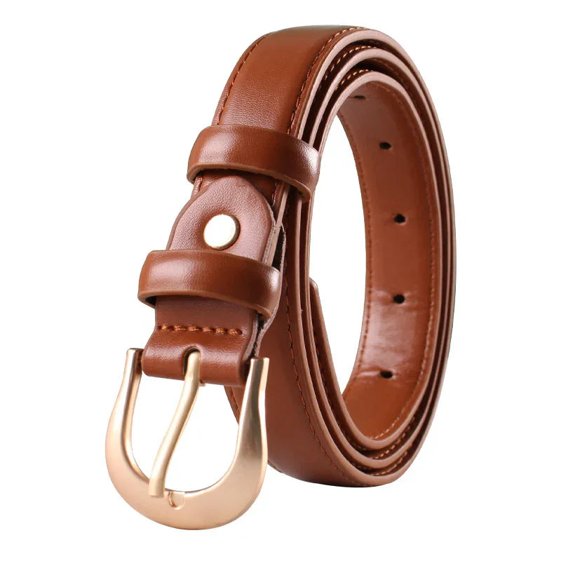 Rolled brown leather belt with gold buckle and stitched edges on white background
